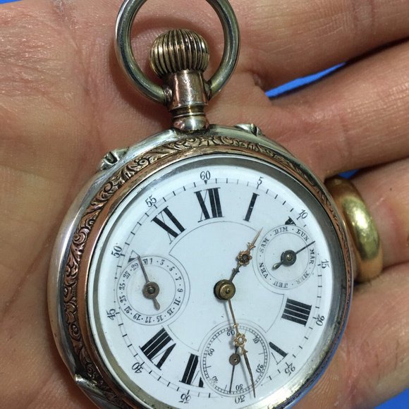 Antique Tissot QUANTIEME Cylindre Geneve Calendar Silver pocket watch Runs - Picture 10 of 10